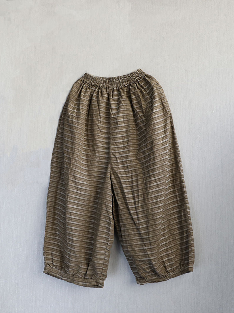 Women Ramie Summer Stripe Pants Retro Wide-leg