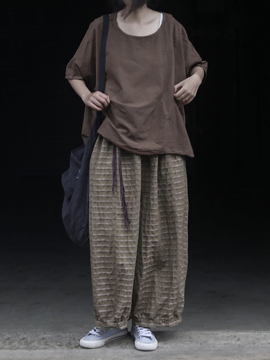 Women Ramie Summer Stripe Pants Retro Wide-leg