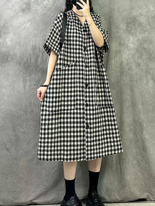 Dress Plaid Summer Women Vintage V-Neck
