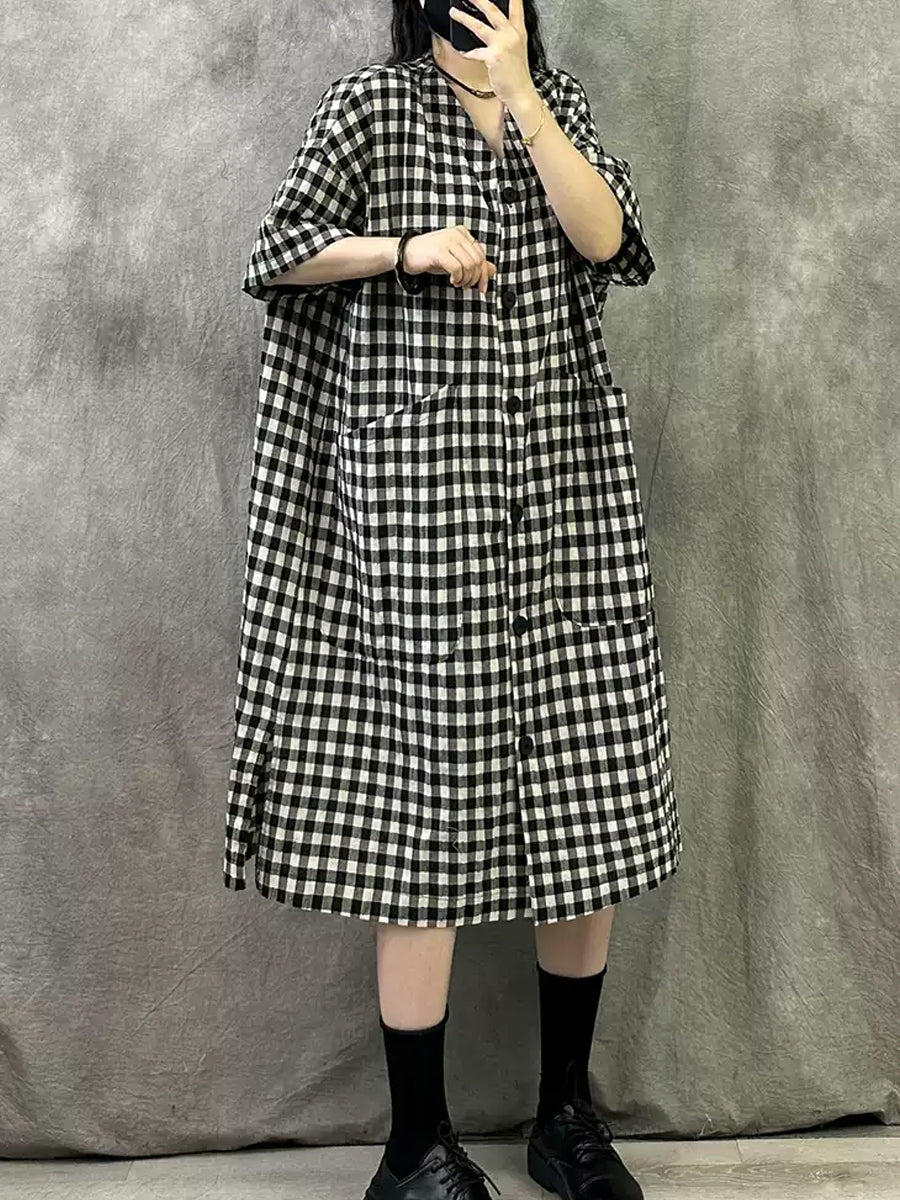 Dress Plaid Summer Women Vintage V-Neck
