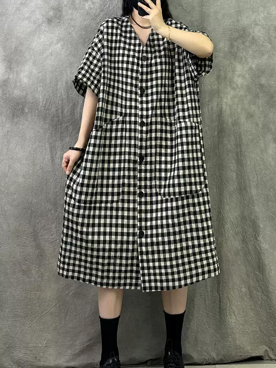 Dress Plaid Summer Women Vintage V-Neck