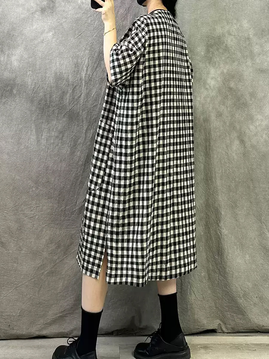 Dress Plaid Summer Women Vintage V-Neck