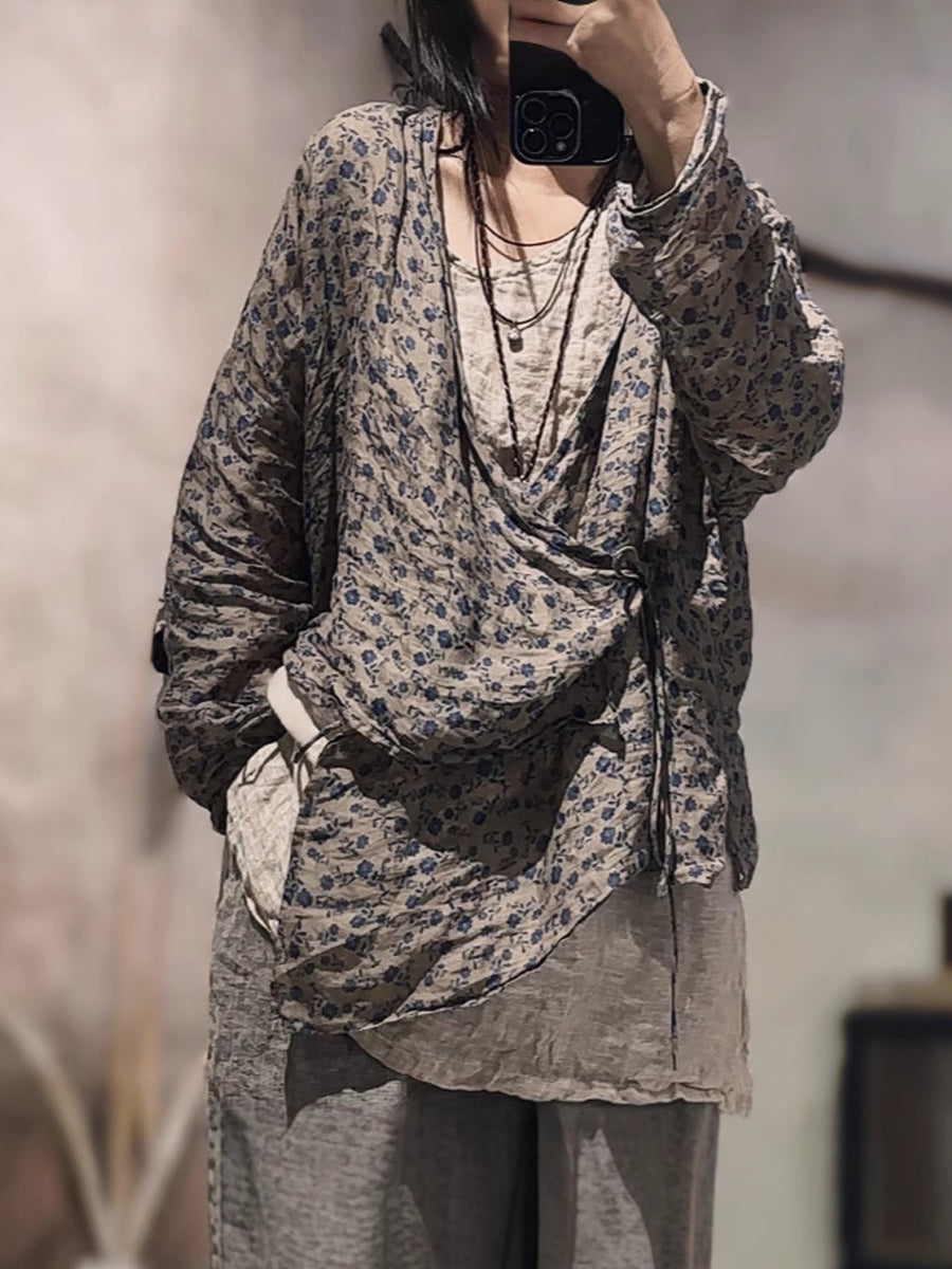 V-Neck Shirt Women Ramie Stripe Vintage Summer Floral