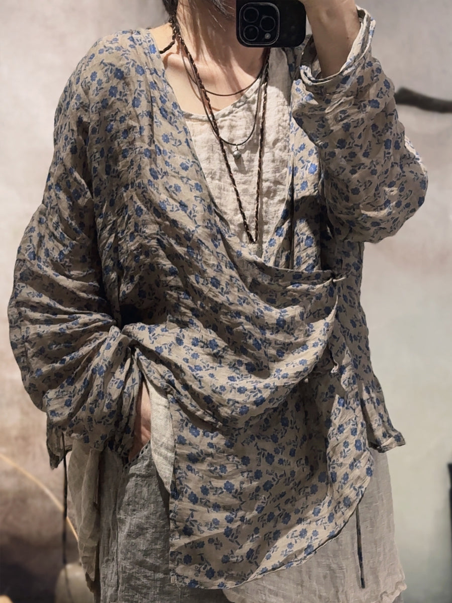 V-Neck Shirt Women Ramie Stripe Vintage Summer Floral