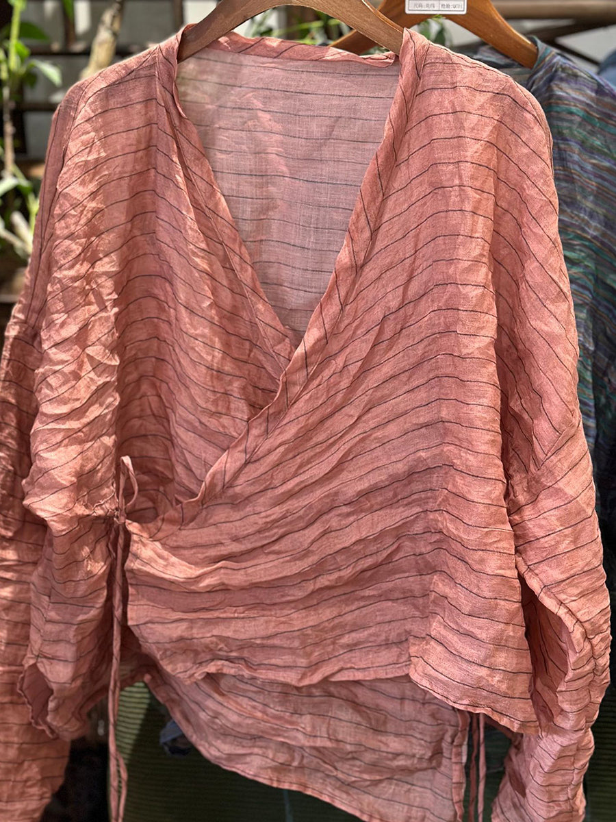 V-Neck Shirt Women Ramie Stripe Vintage Summer Floral