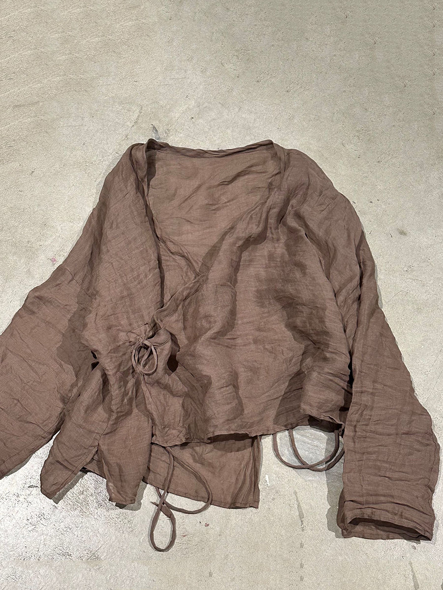 V-Neck Shirt Women Ramie Stripe Vintage Summer Floral