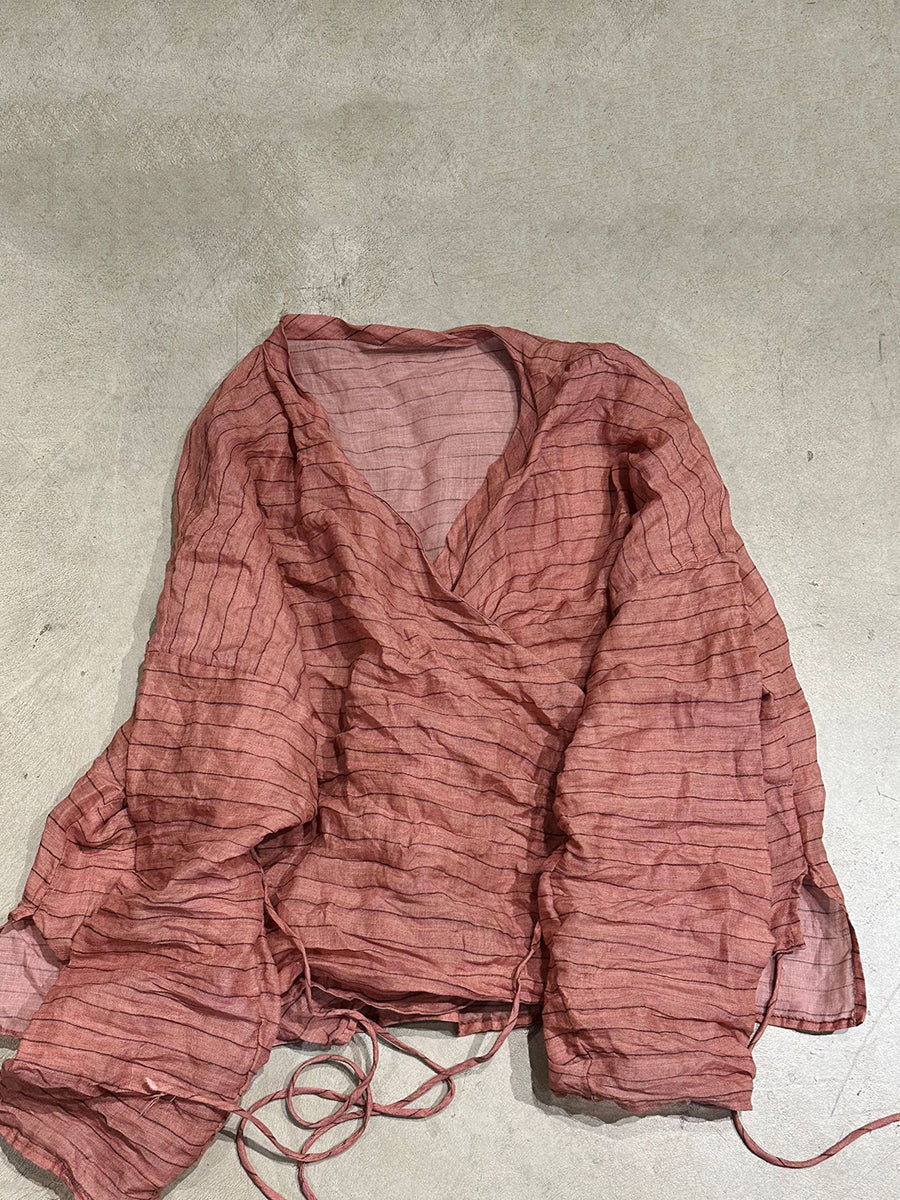 V-Neck Shirt Women Ramie Stripe Vintage Summer Floral