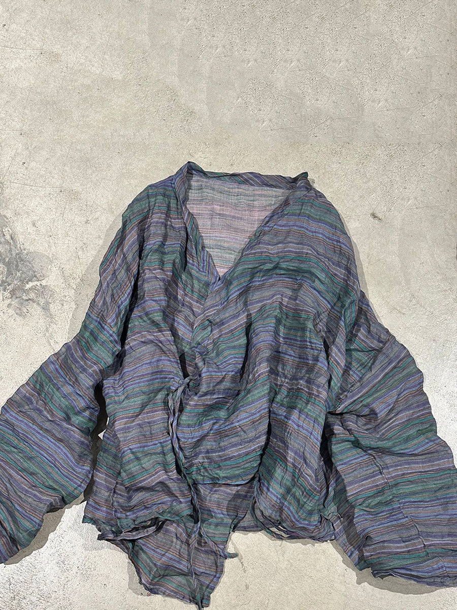 V-Neck Shirt Women Ramie Stripe Vintage Summer Floral