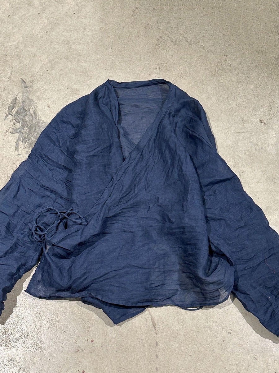 V-Neck Shirt Women Ramie Stripe Vintage Summer Floral