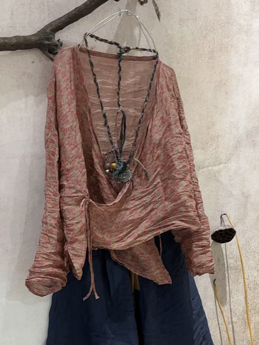 V-Neck Shirt Women Ramie Stripe Vintage Summer Floral