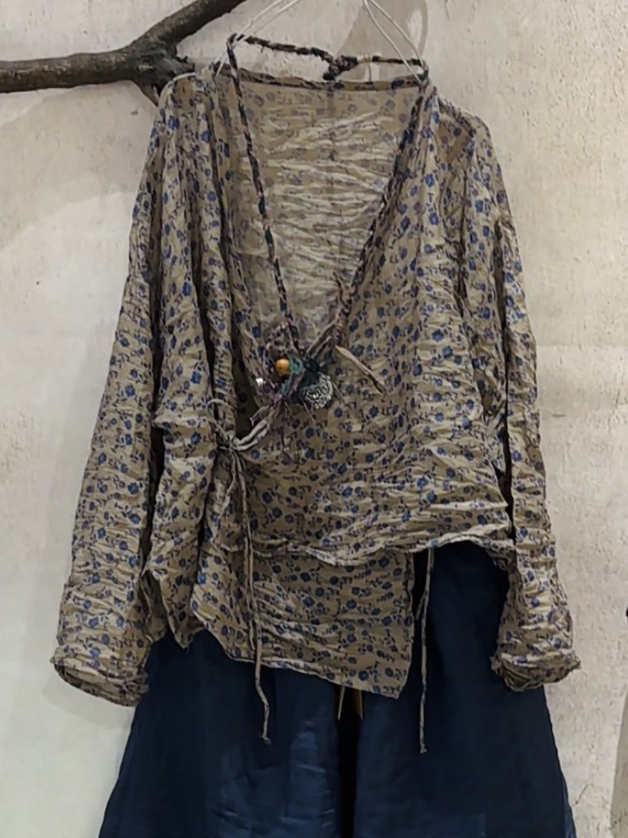 V-Neck Shirt Women Ramie Stripe Vintage Summer Floral