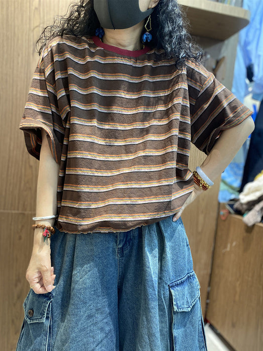 Summer Women Retro Shirt O-Neck Stripe Cotton