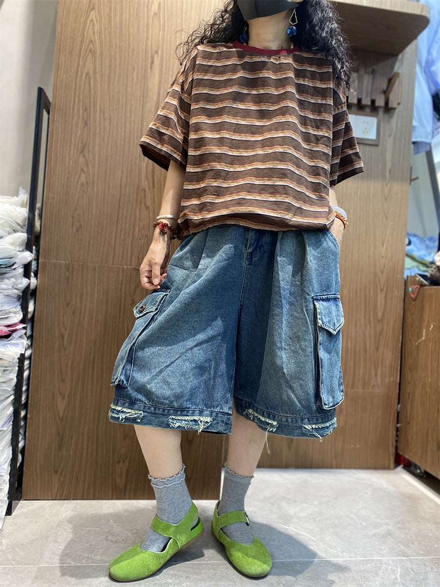 Summer Women Retro Shirt O-Neck Stripe Cotton