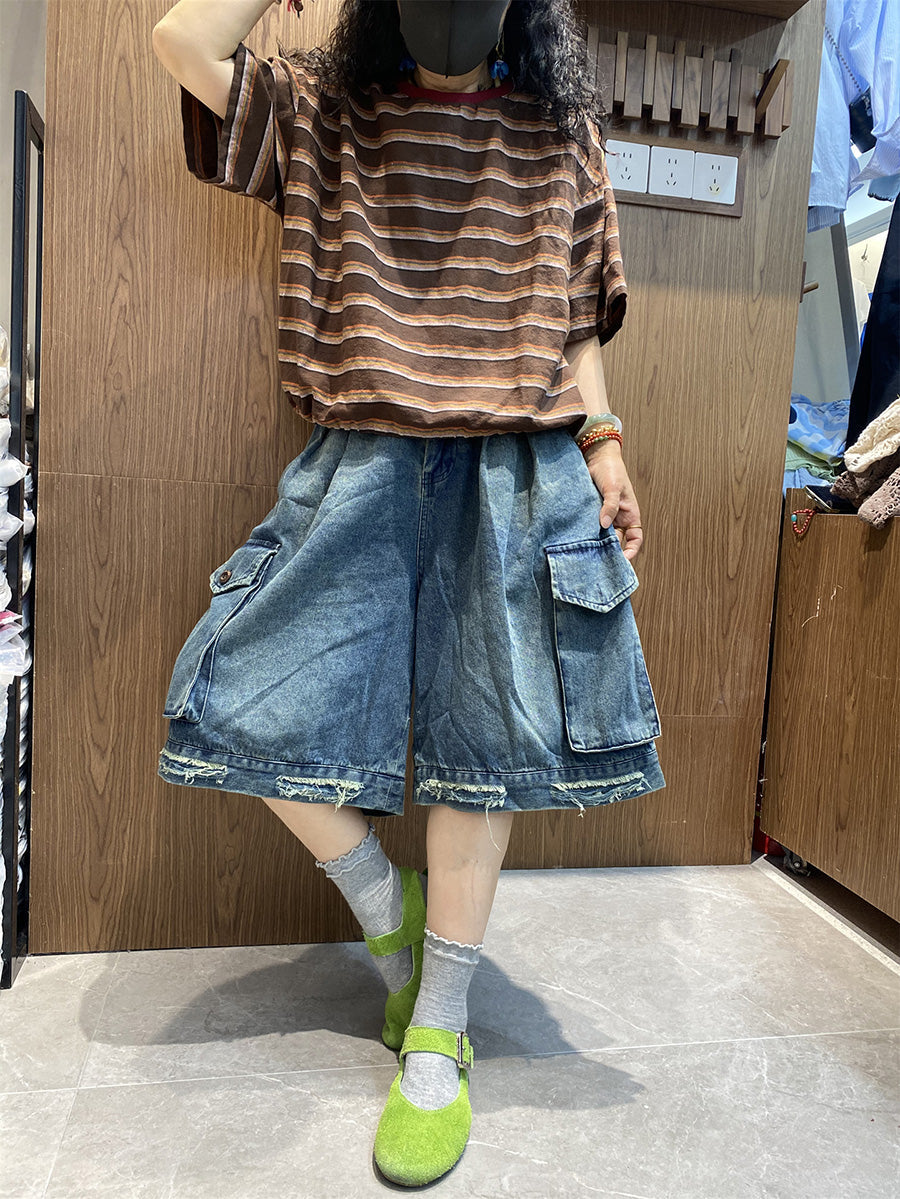 Summer Women Retro Shirt O-Neck Stripe Cotton