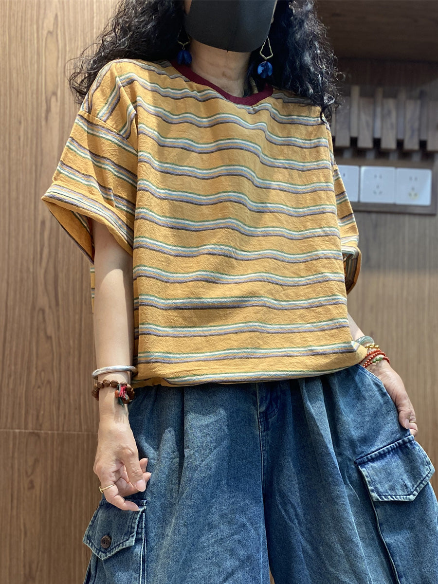Summer Women Retro Shirt O-Neck Stripe Cotton