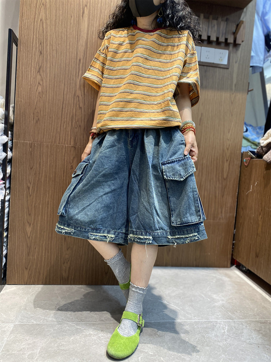 Summer Women Retro Shirt O-Neck Stripe Cotton