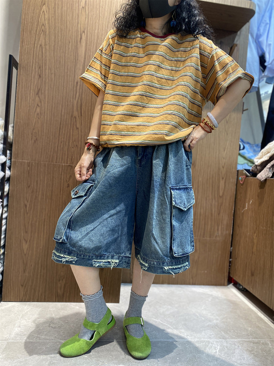 Summer Women Retro Shirt O-Neck Stripe Cotton