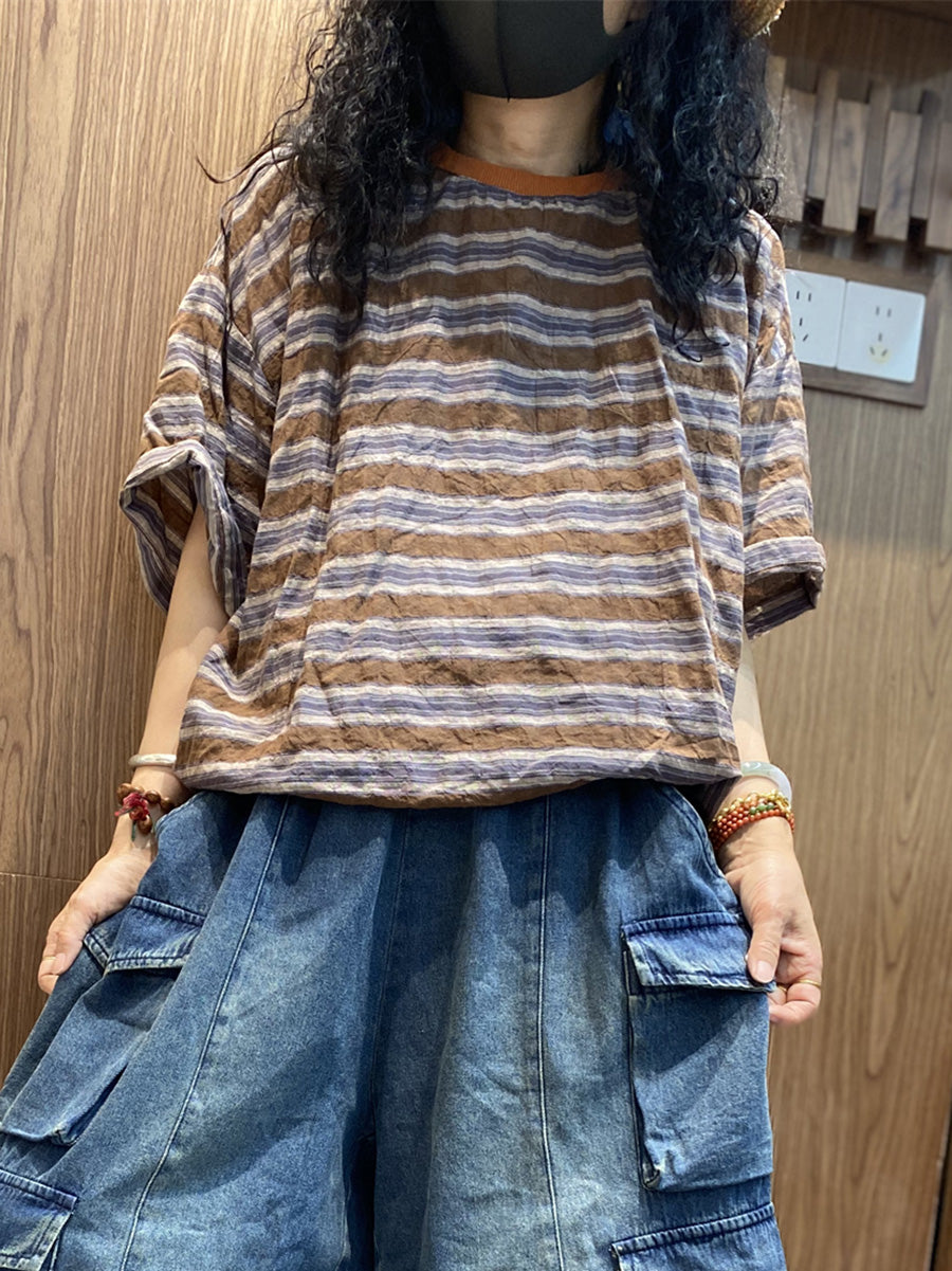 Summer Women Retro Shirt O-Neck Stripe Cotton