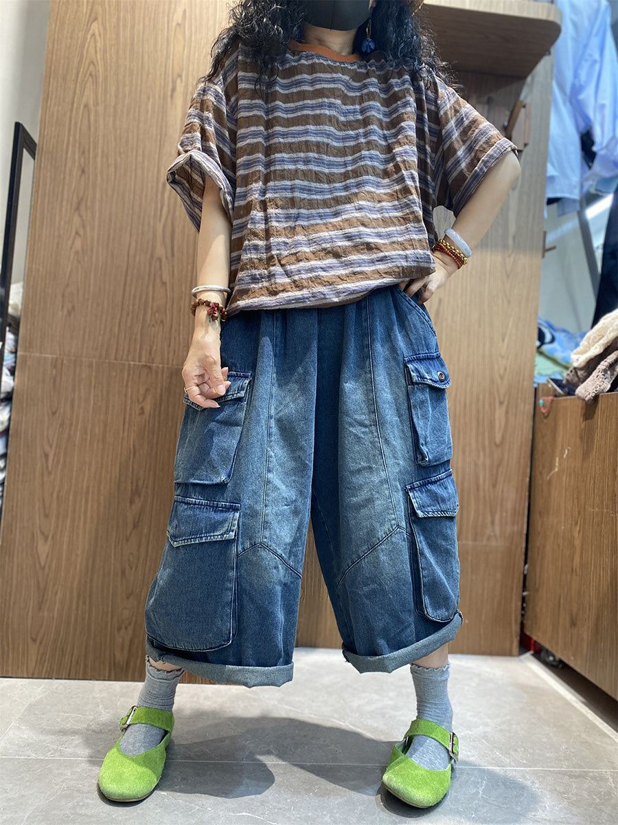 Summer Women Retro Shirt O-Neck Stripe Cotton