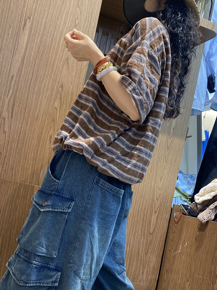 Summer Women Retro Shirt O-Neck Stripe Cotton