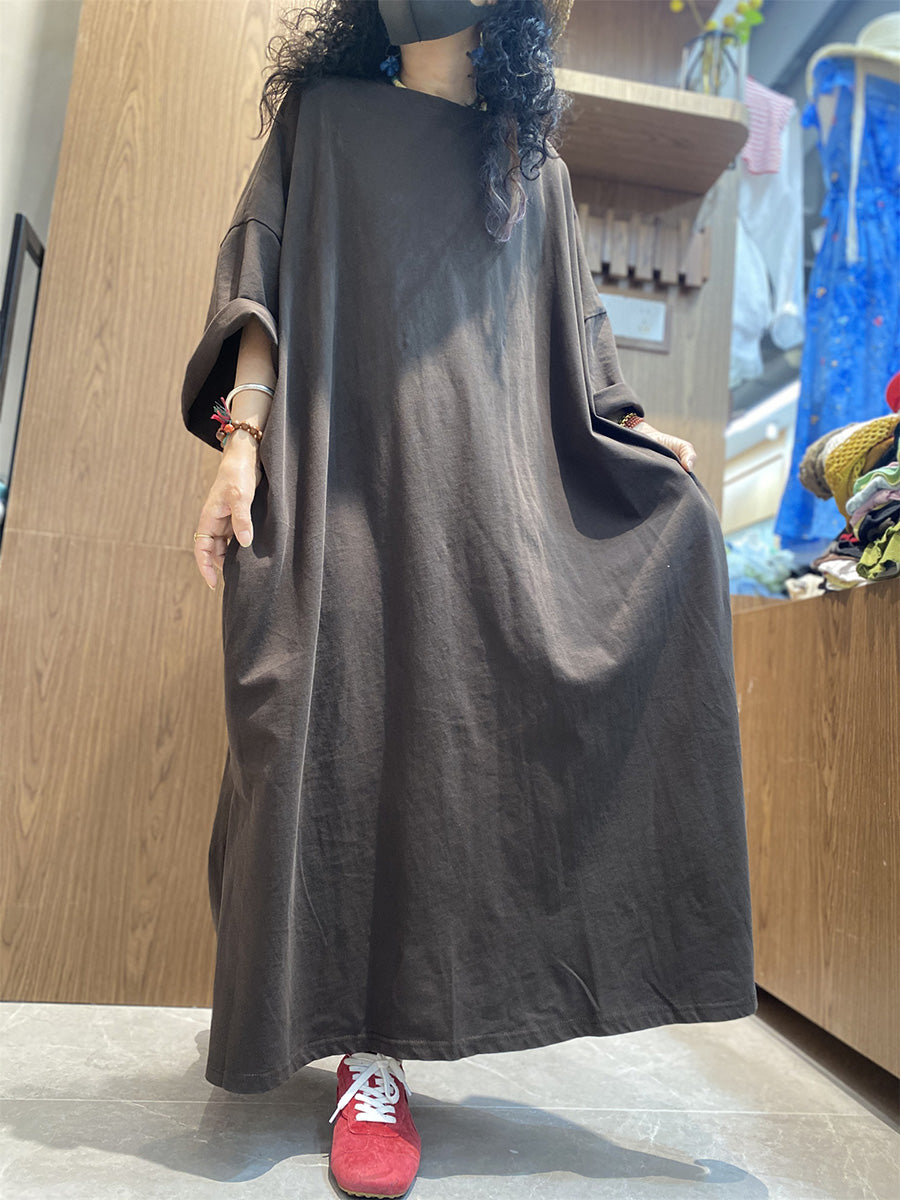Cotton Color Dress O-Neck Pure Women Casual Maxi Summer