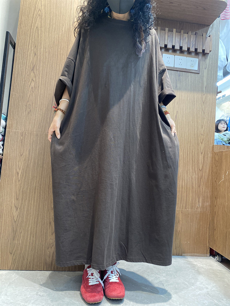 Cotton Color Dress O-Neck Pure Women Casual Maxi Summer