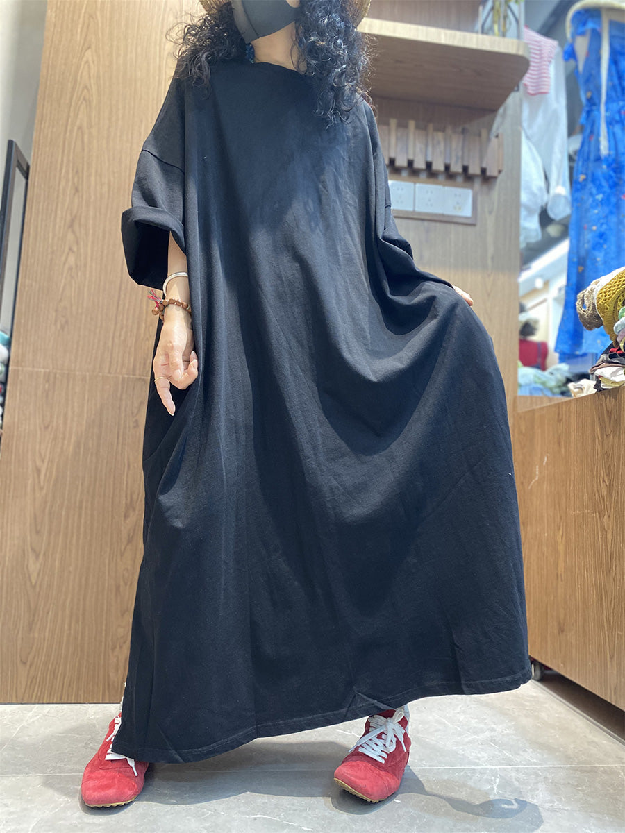 Cotton Color Dress O-Neck Pure Women Casual Maxi Summer