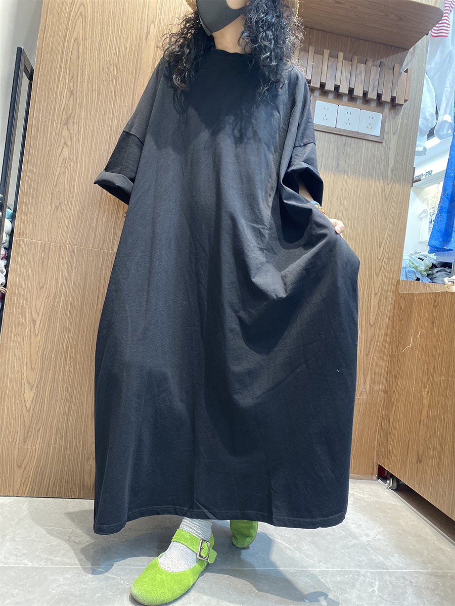 Cotton Color Dress O-Neck Pure Women Casual Maxi Summer
