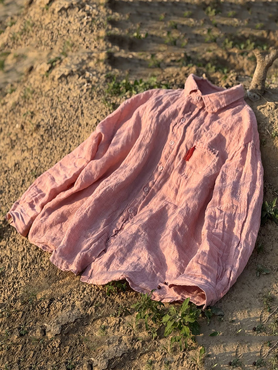 Collar Turn-down Linen Retro Summer Pure Shirt Color Women