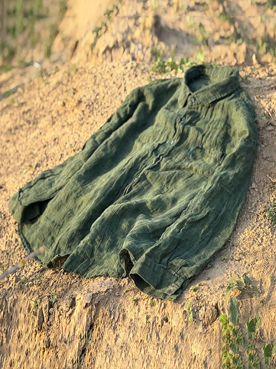 Collar Turn-down Linen Retro Summer Pure Shirt Color Women