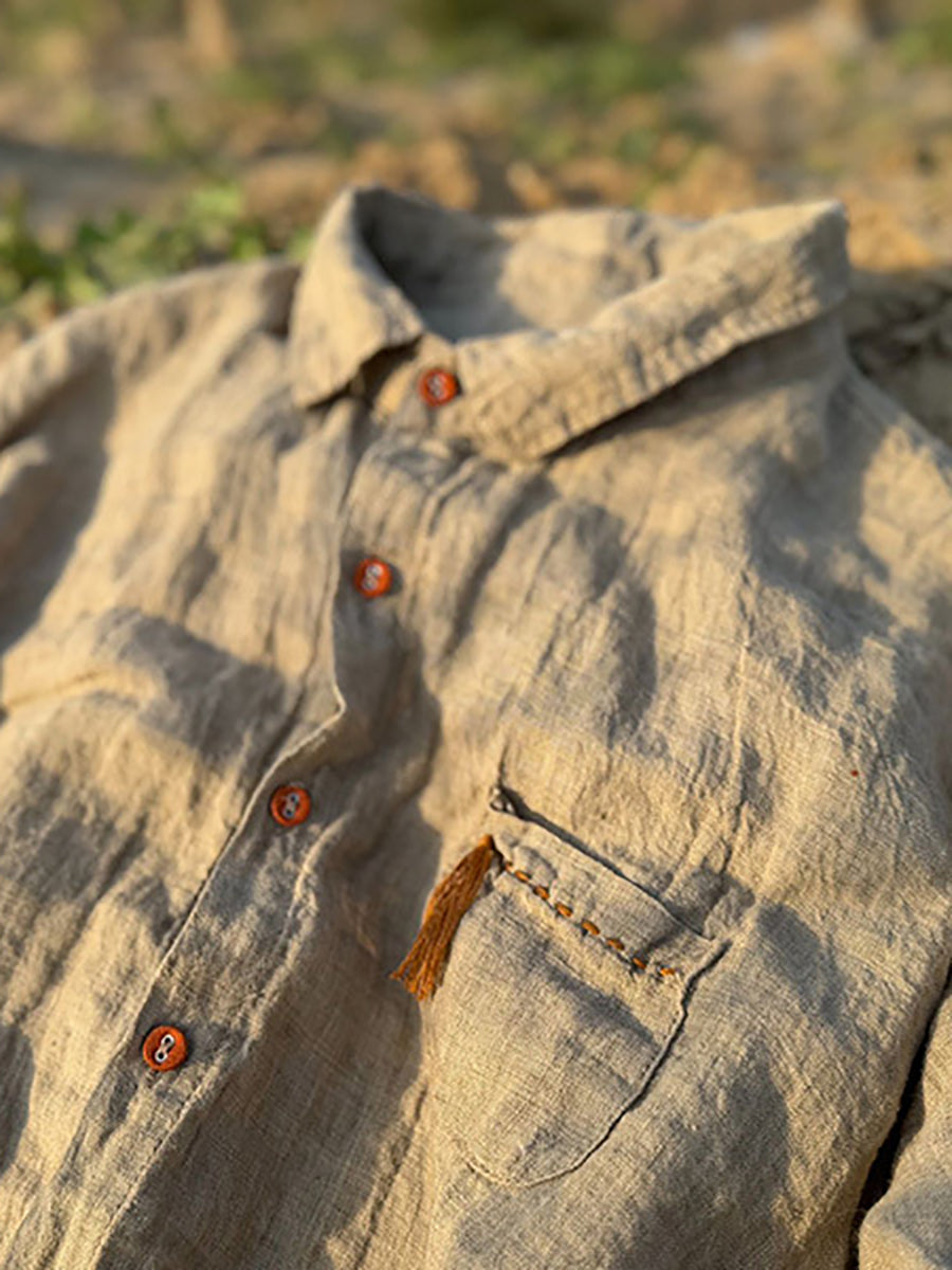 Collar Turn-down Linen Retro Summer Pure Shirt Color Women