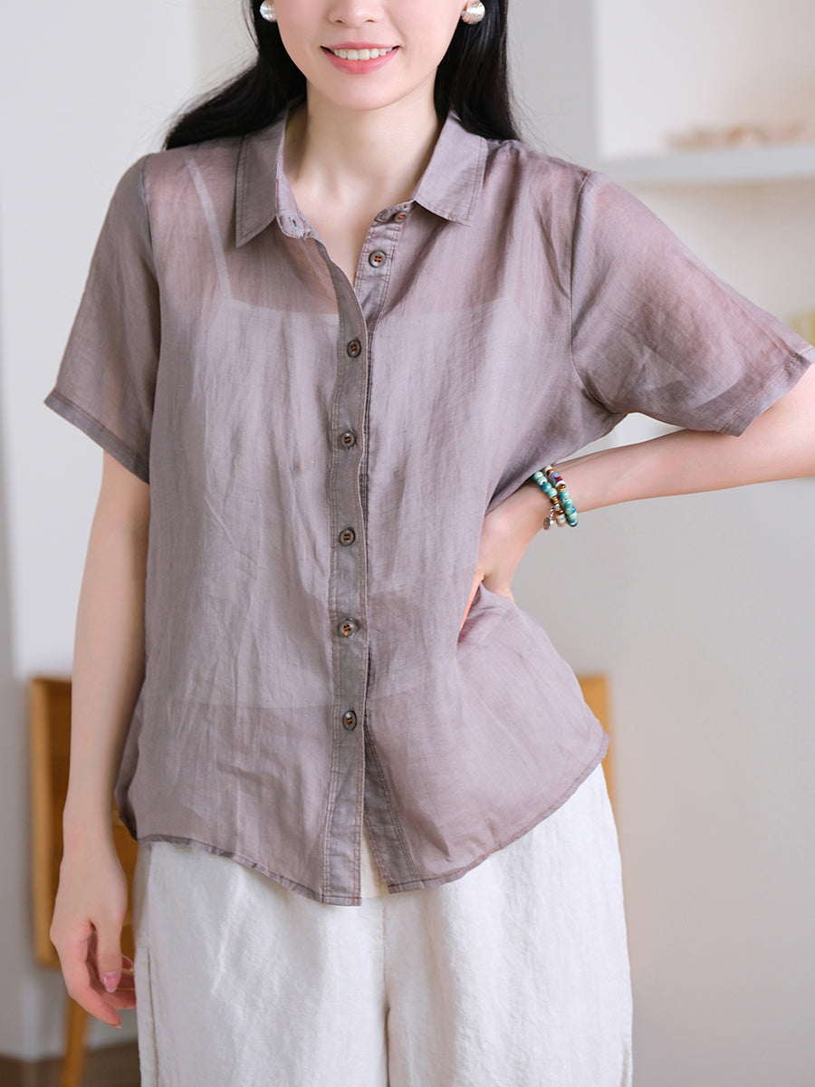 Shirt Pure 100%Ramie Collar Turn-down Women Summer Color