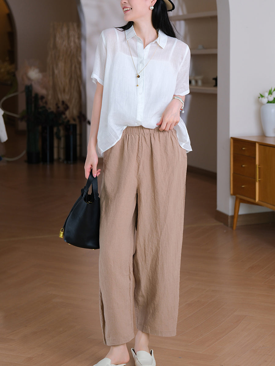 Shirt Pure 100%Ramie Collar Turn-down Women Summer Color