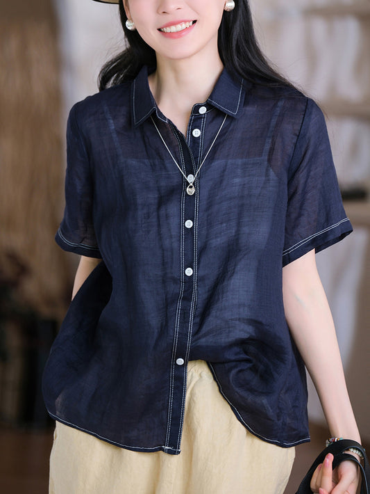 Shirt Pure 100%Ramie Collar Turn-down Women Summer Color