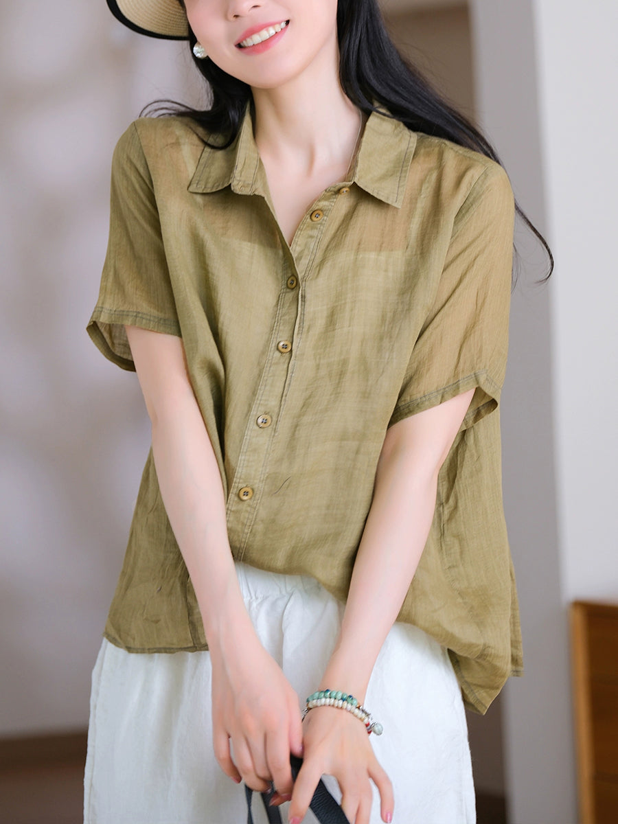 Shirt Pure 100%Ramie Collar Turn-down Women Summer Color