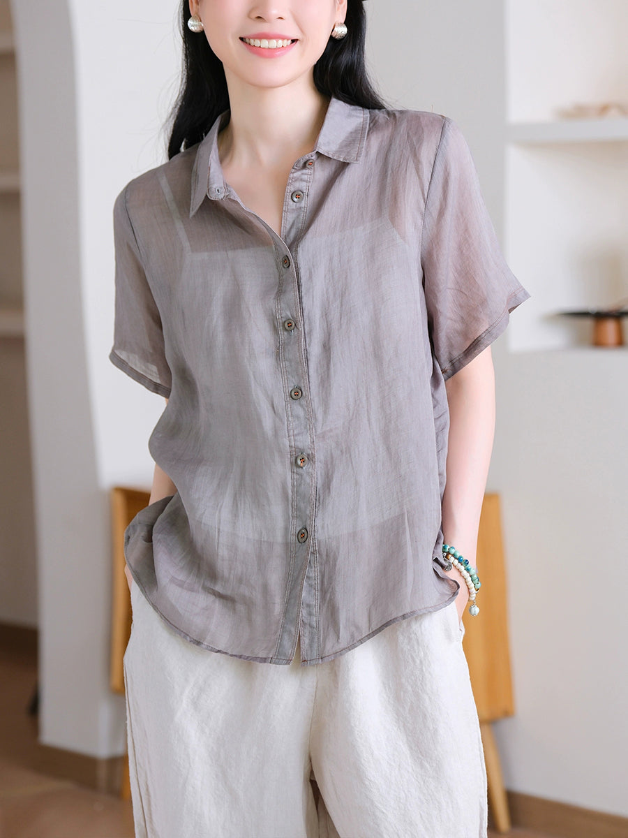 Shirt Pure 100%Ramie Collar Turn-down Women Summer Color