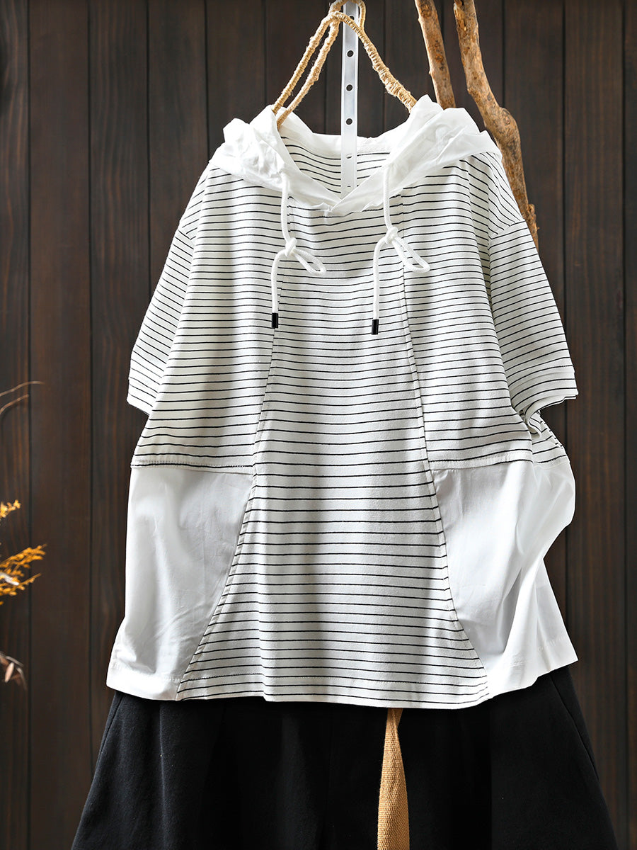 Hooded Spliced Shirt Casual Stripe Women Cotton Summer