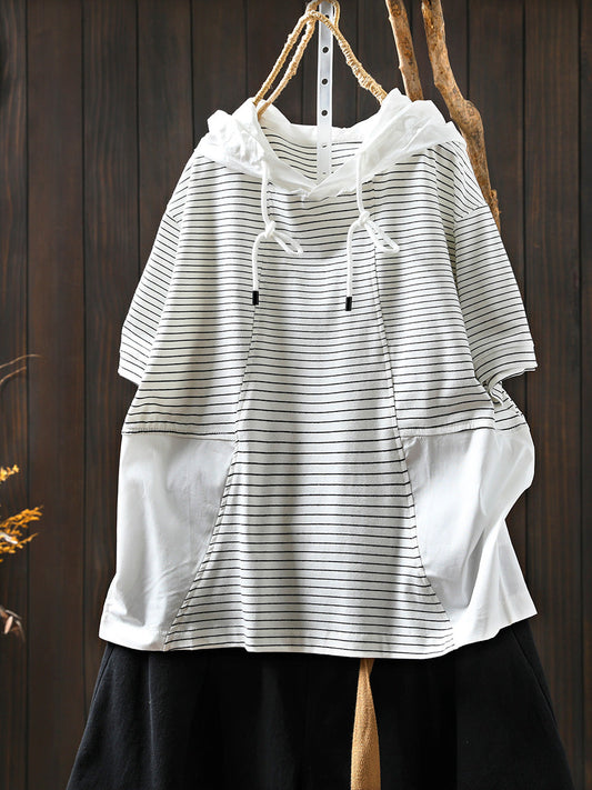 Hooded Spliced Shirt Casual Stripe Women Cotton Summer