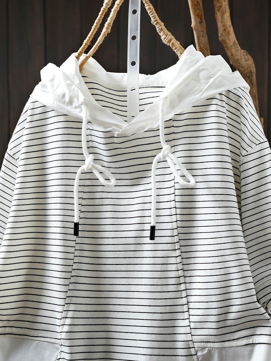 Hooded Spliced Shirt Casual Stripe Women Cotton Summer