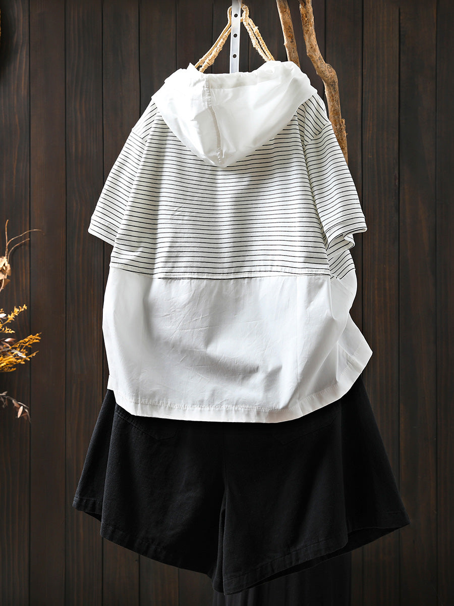Hooded Spliced Shirt Casual Stripe Women Cotton Summer