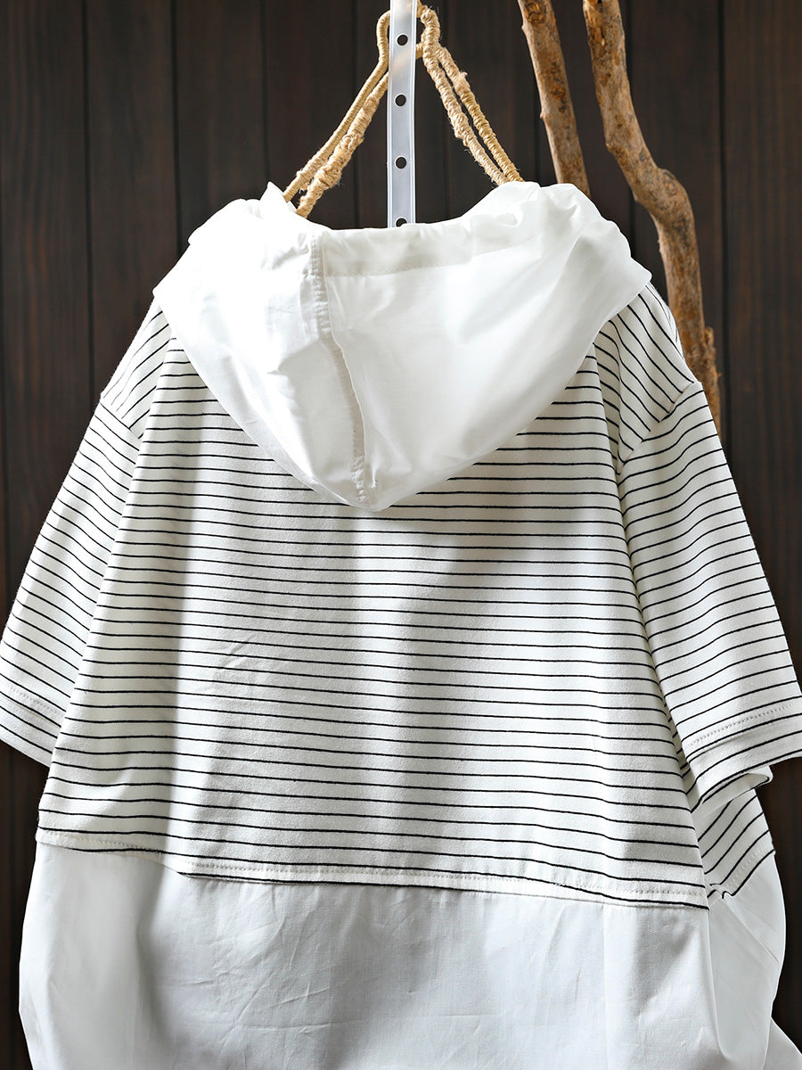 Hooded Spliced Shirt Casual Stripe Women Cotton Summer