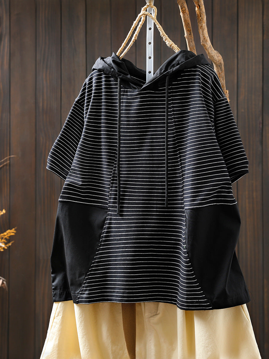 Hooded Spliced Shirt Casual Stripe Women Cotton Summer