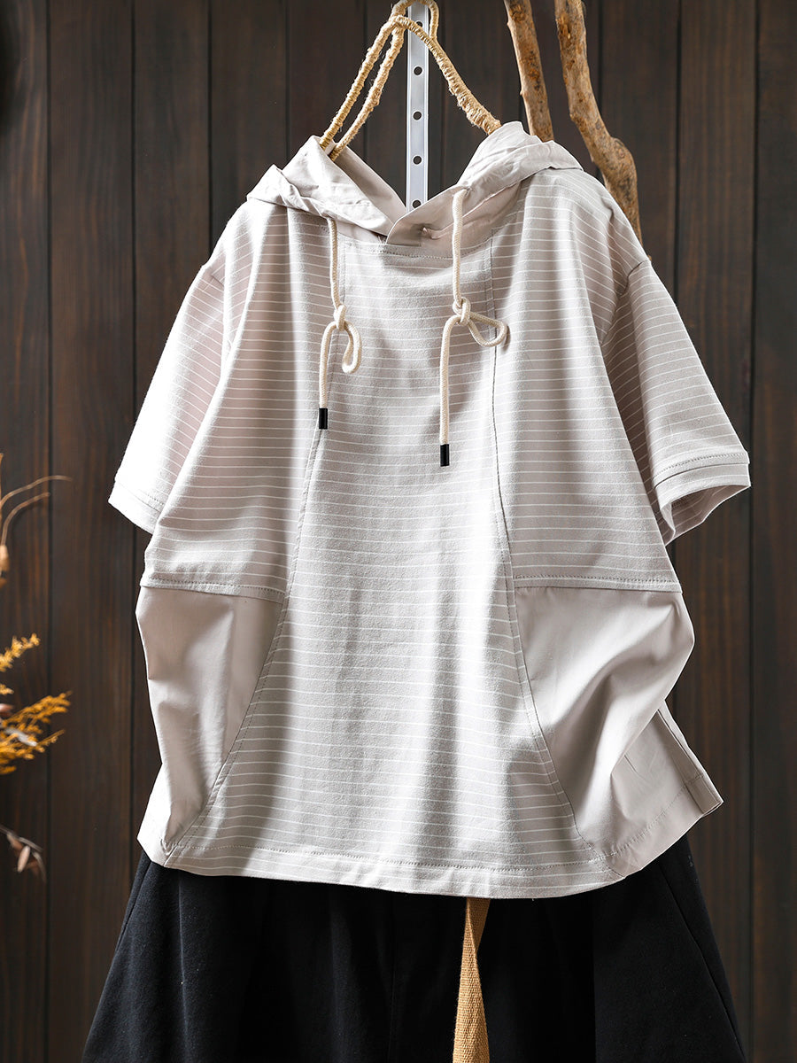 Hooded Spliced Shirt Casual Stripe Women Cotton Summer