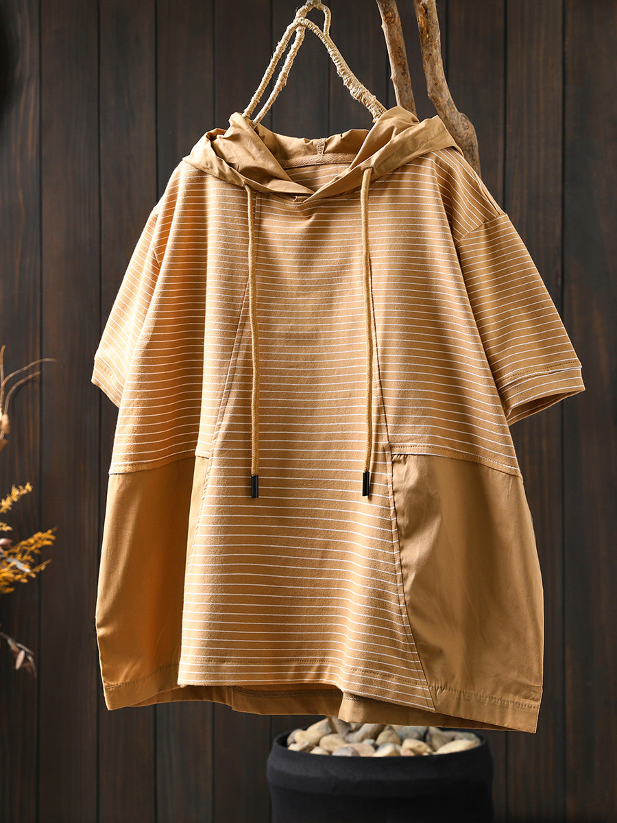 Hooded Spliced Shirt Casual Stripe Women Cotton Summer