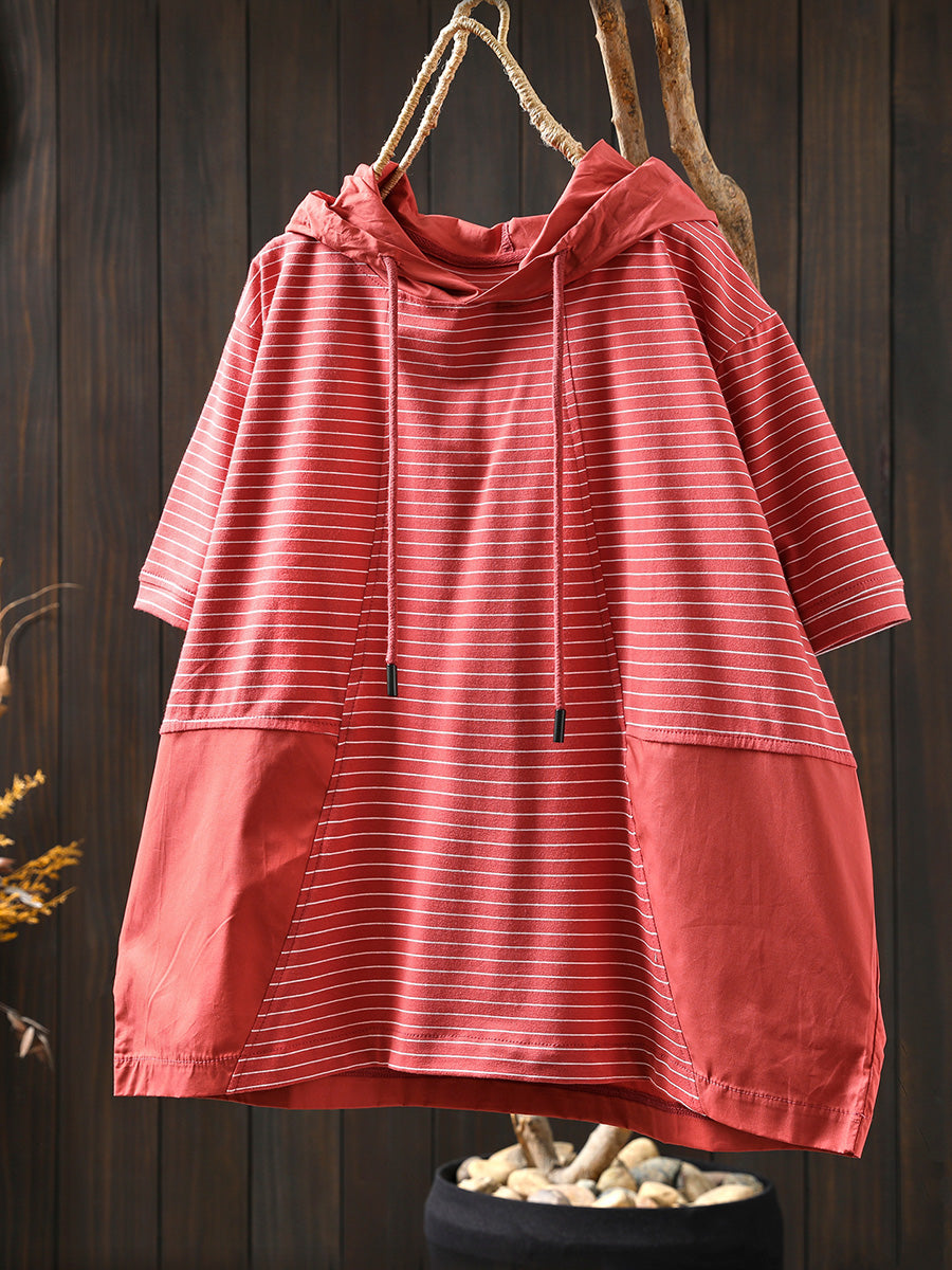 Hooded Spliced Shirt Casual Stripe Women Cotton Summer