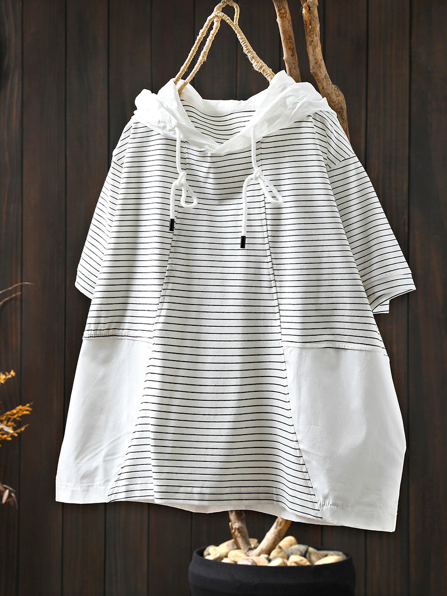Hooded Spliced Shirt Casual Stripe Women Cotton Summer
