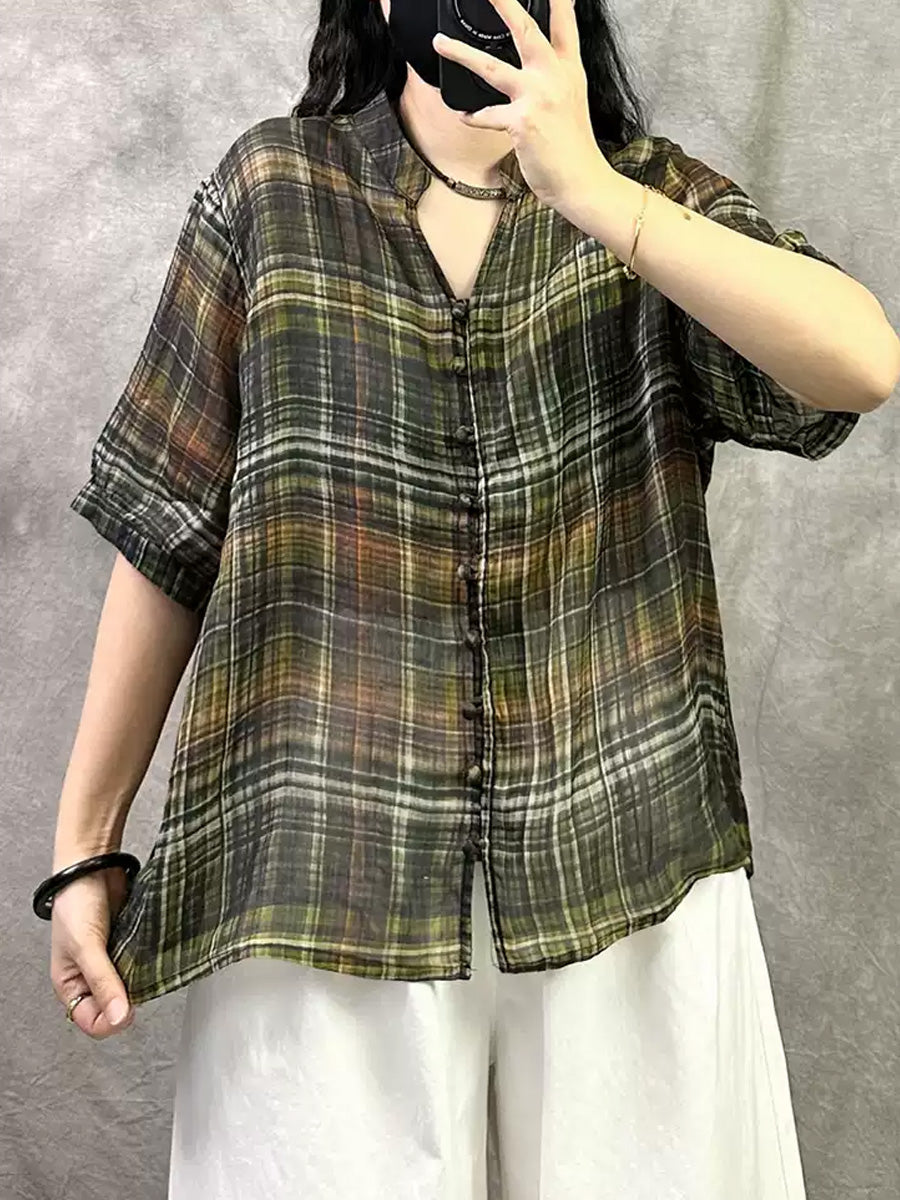 Women Summer Retro Plaid V-Neck Ramie Shirt