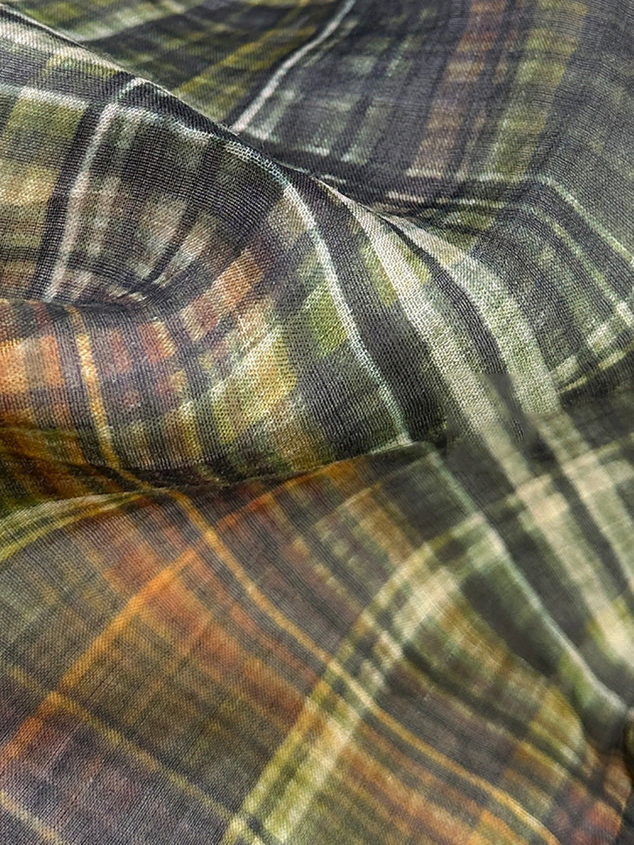 Women Summer Retro Plaid V-Neck Ramie Shirt