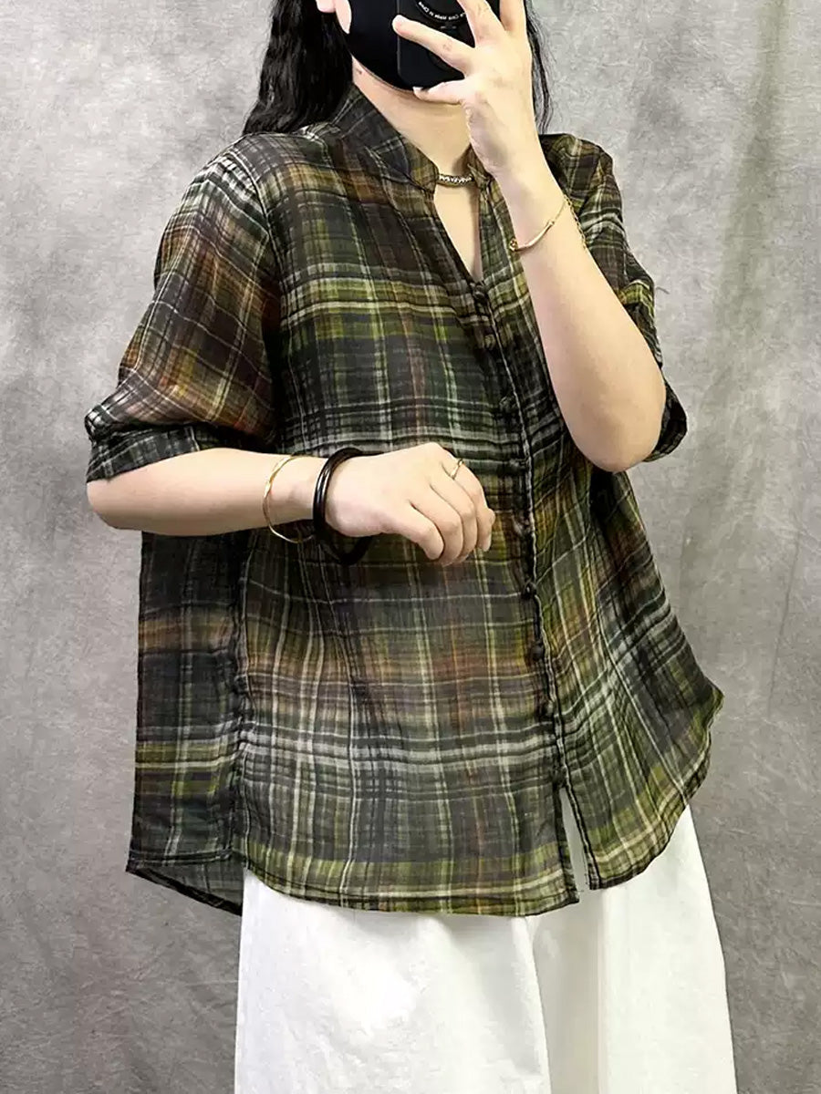 Women Summer Retro Plaid V-Neck Ramie Shirt