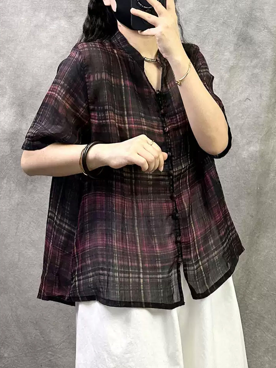 Women Summer Retro Plaid V-Neck Ramie Shirt
